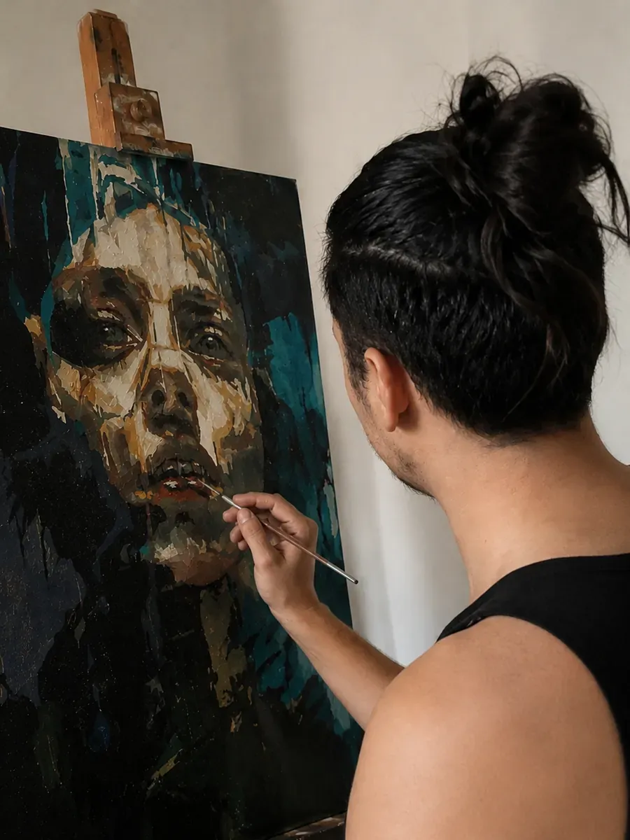 Christophe Moulin peignant un portrait dans son atelier