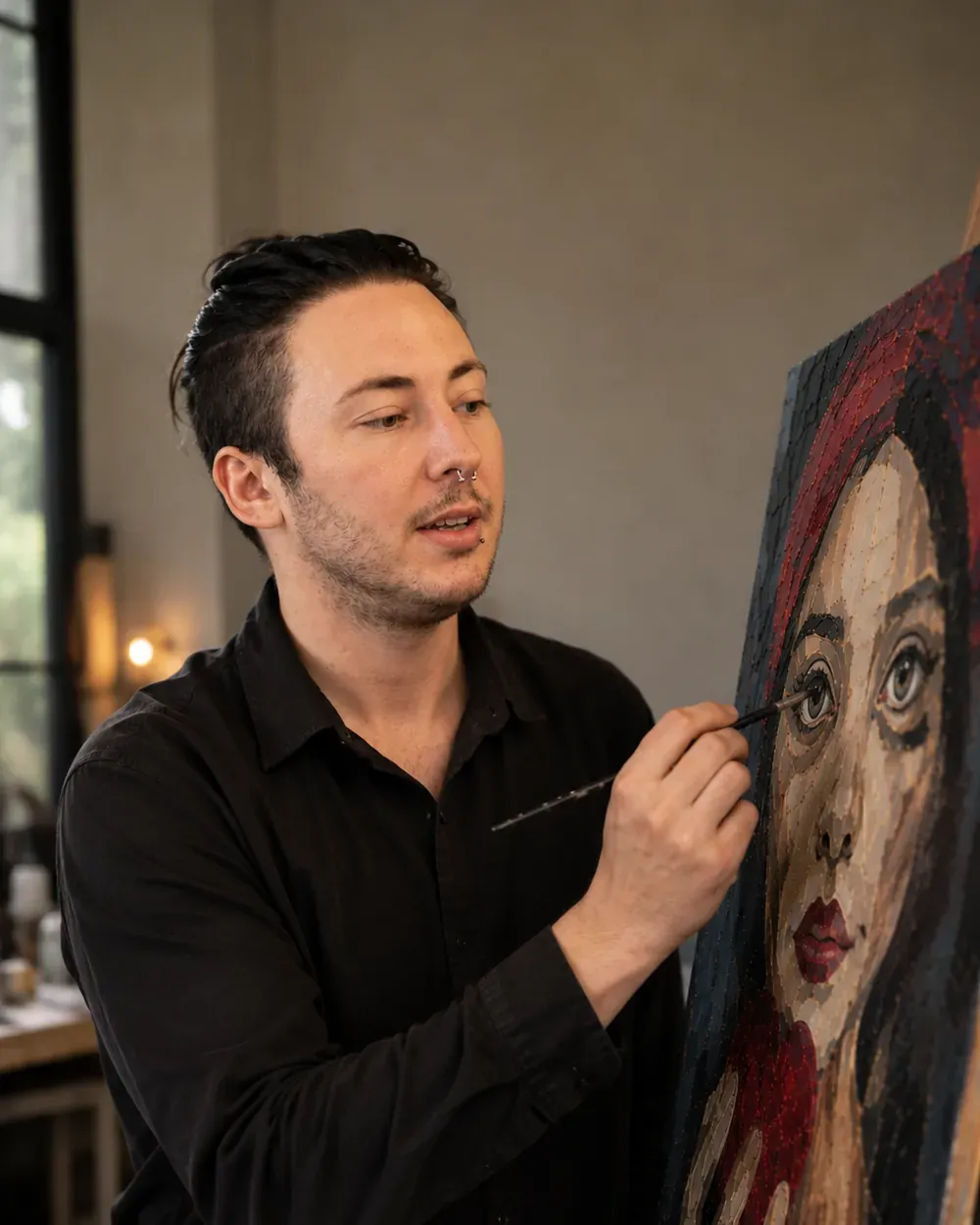Christophe Moulin, fondateur de l'Agence Web Art, devant une de ses toiles