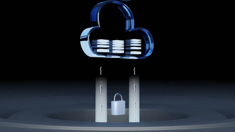 Nuage de données protégé par un cadenas, symbole de la sauvegarde en ligne