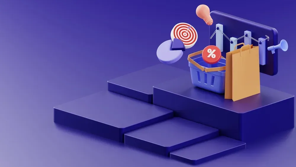 Panier d'achat et cible sur fond violet
