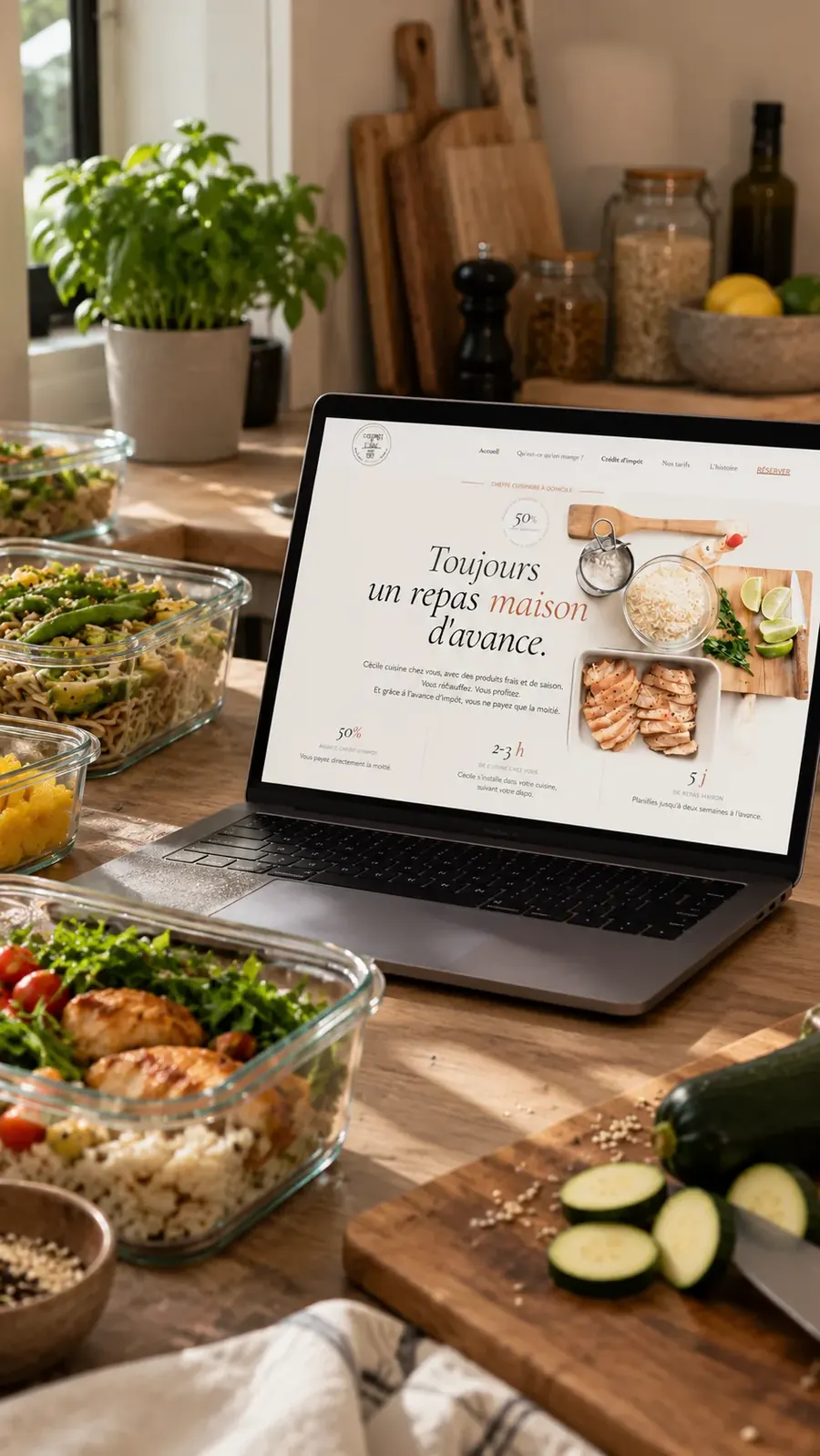 Site de C'est prêt & toque présenté sur un ordinateur portable, dans une cuisine