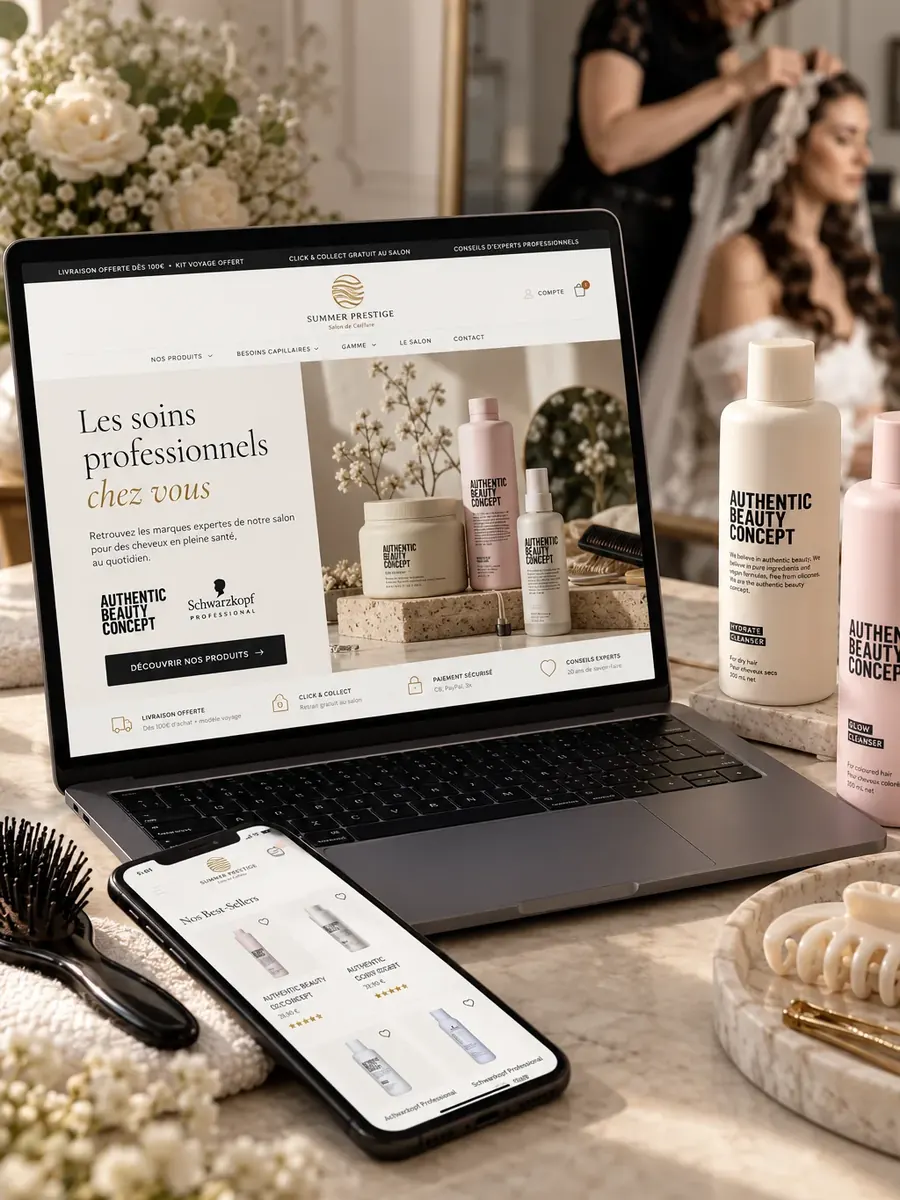 Boutique en ligne de produits de beauté Summer Prestige, sur ordinateur et sur téléphone
