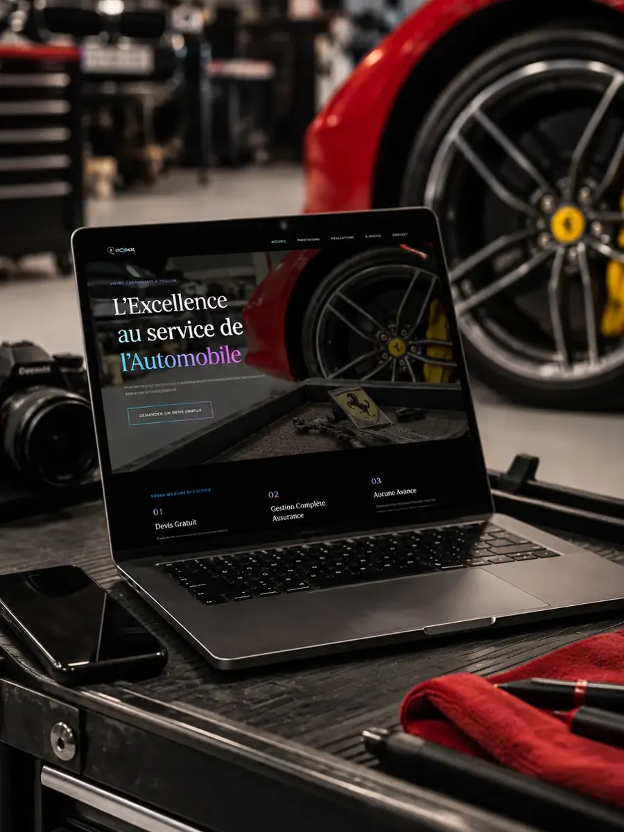 Site de la Carrosserie Zamora affiché sur un ordinateur portable, dans l'atelier