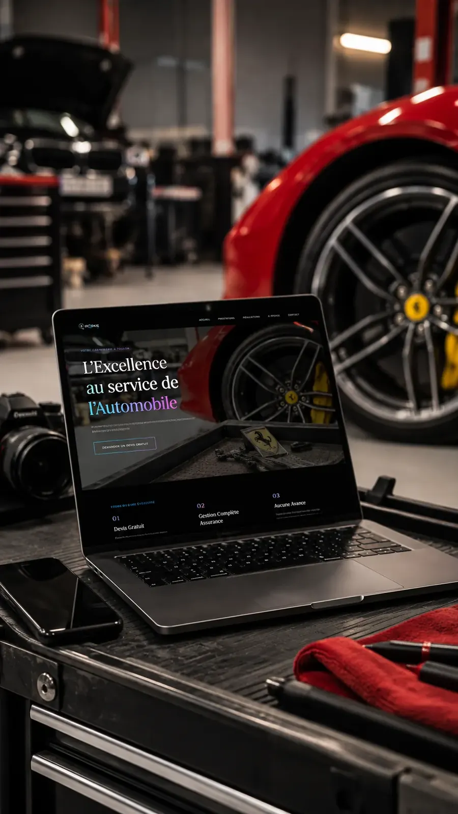 Site de la Carrosserie Zamora présenté sur un ordinateur portable, dans l'atelier