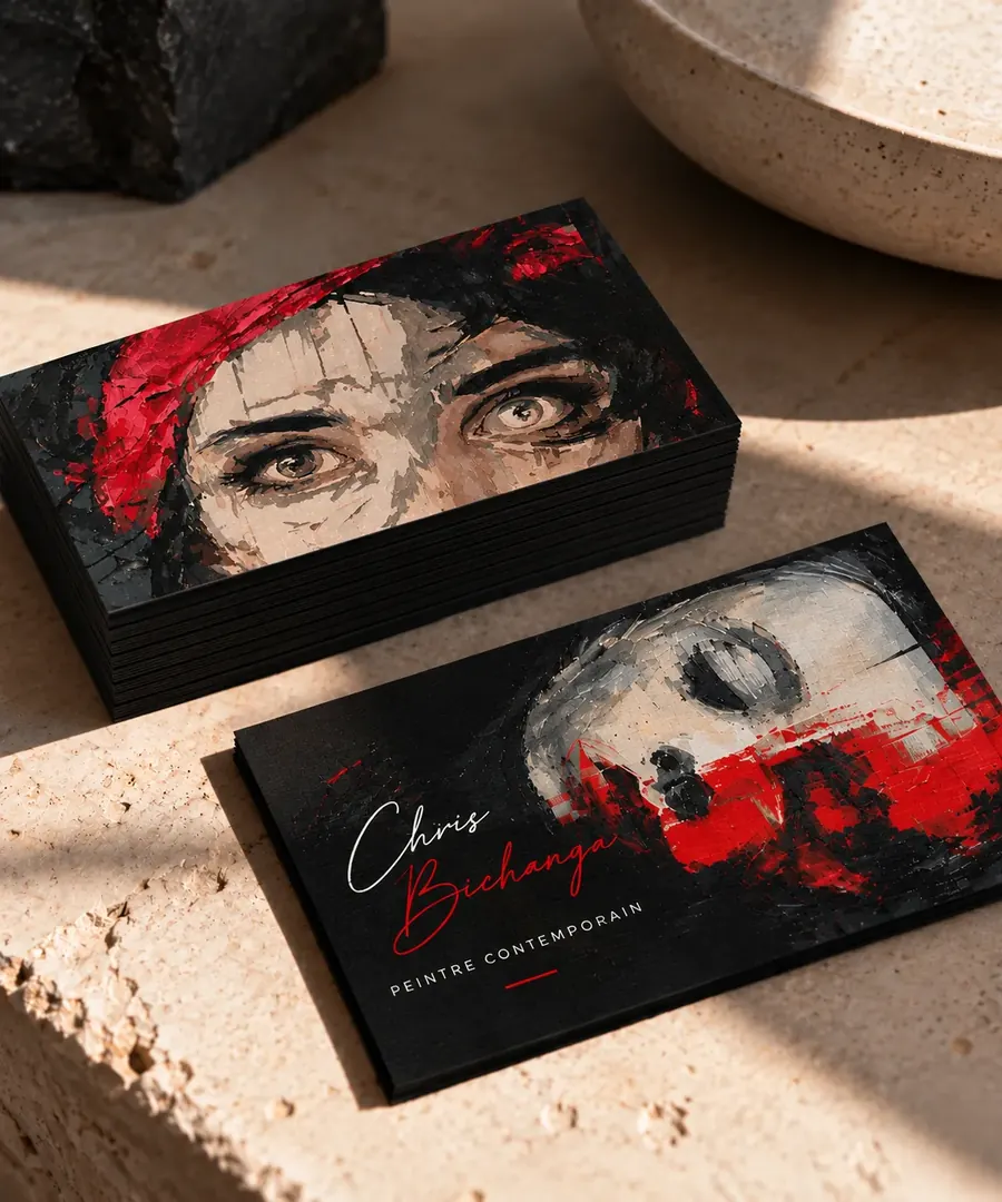 Cartes de visite de l'artiste peintre Chris Bichenya, posées sur une pierre
