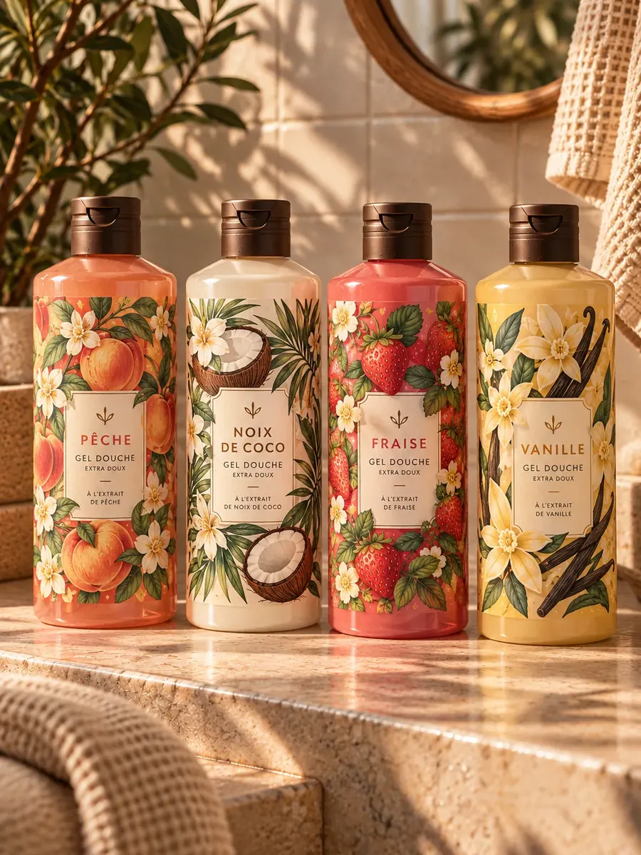 Étiquettes de gel douche illustrées : pêche, noix de coco, fraise et vanille