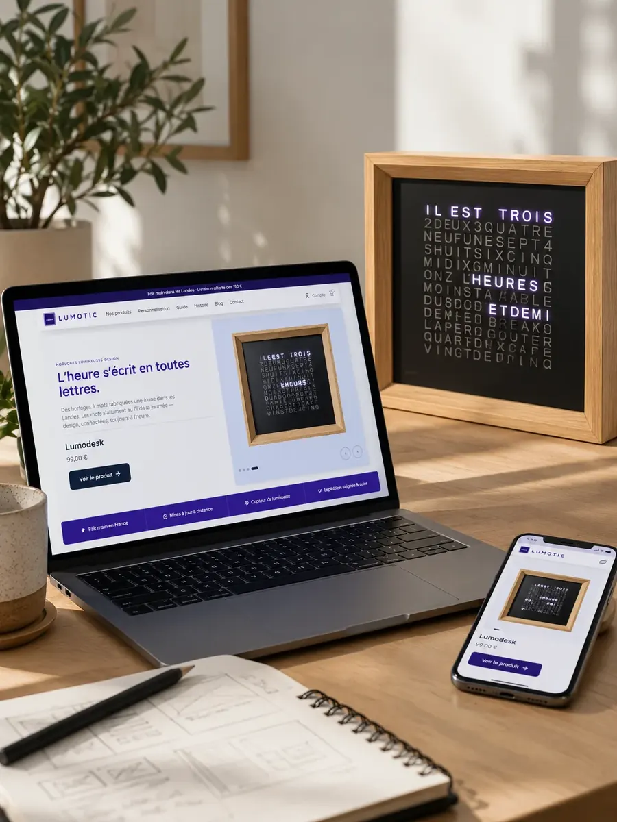 Boutique en ligne d'horloges à mots lumineuses, sur ordinateur et sur téléphone
