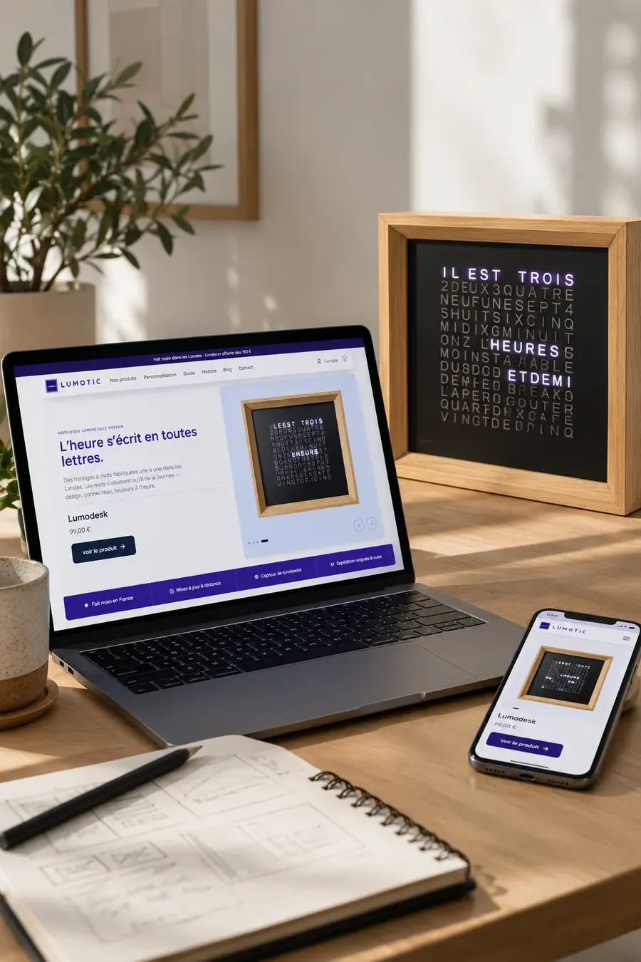 Boutique en ligne d'horloges à mots sur ordinateur et sur téléphone