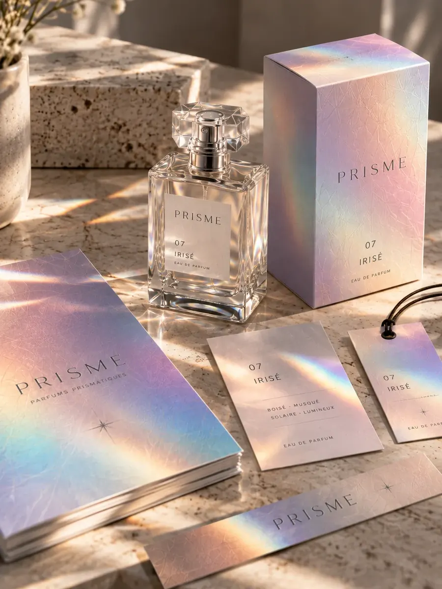 Logo, flacon et packaging créés pour la marque de parfum PRISME