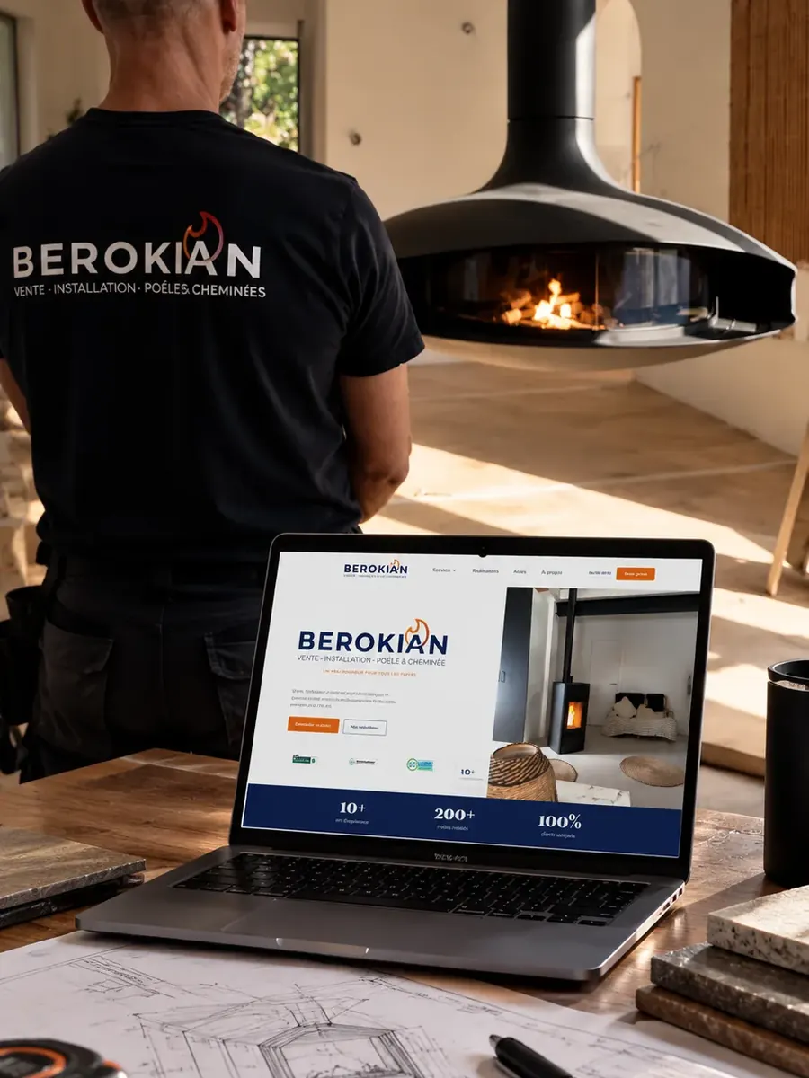 Site de l'installateur de poêles Berokian affiché sur un ordinateur portable