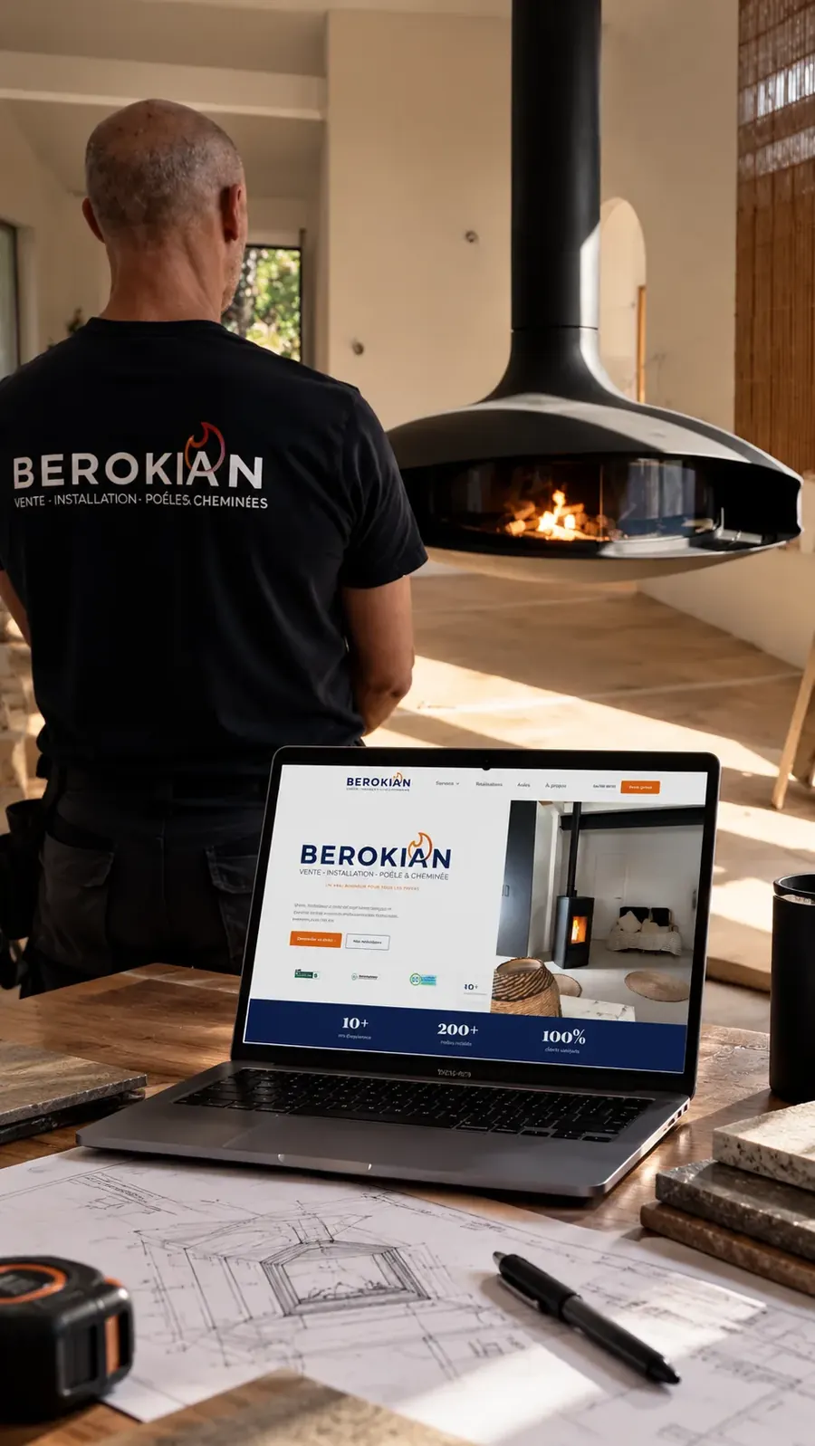 Site de Berokian présenté sur un ordinateur portable, devant un poêle suspendu