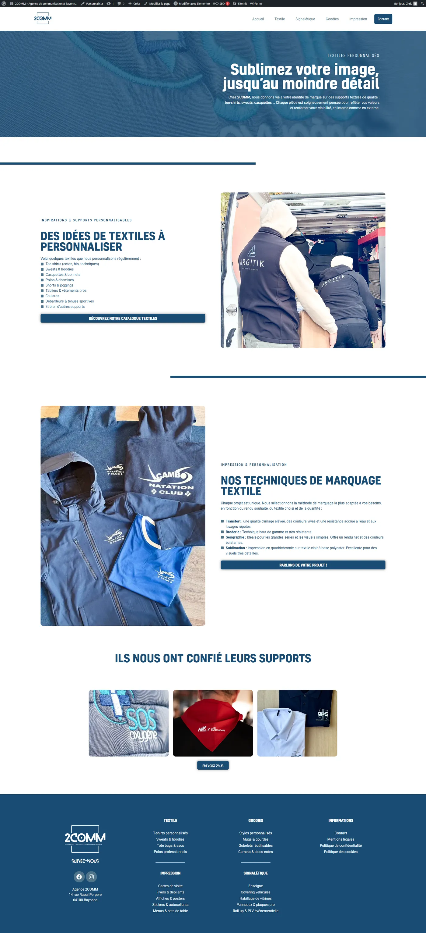 Page dédiée aux textiles personnalisés du site 2COMM