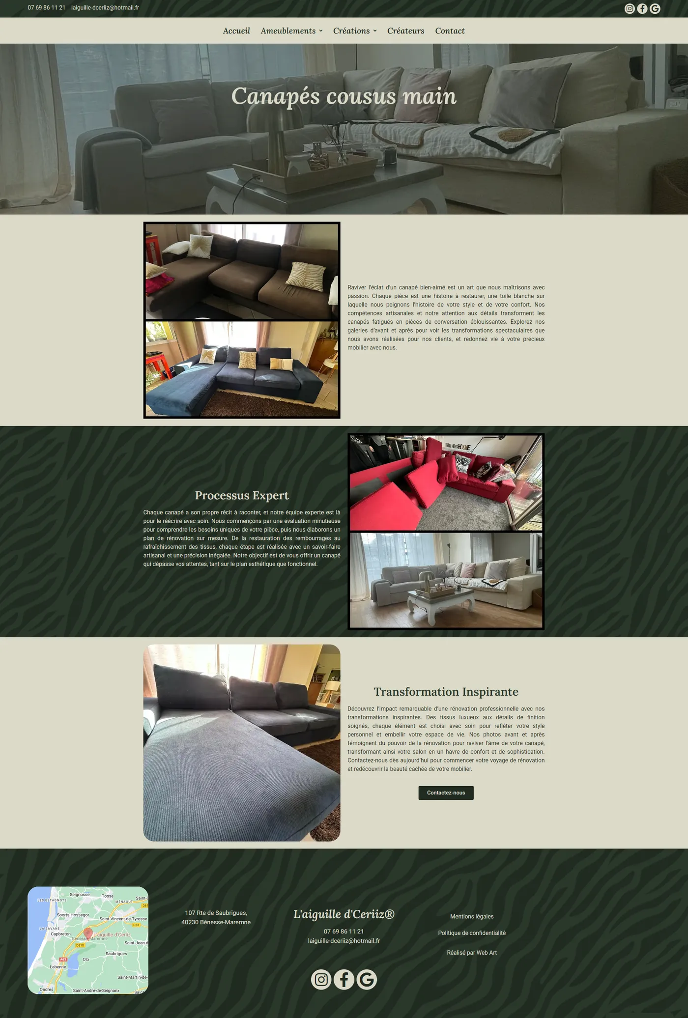 Page intérieur et canapés cousus main du site L'Aiguille d'Ceriiz