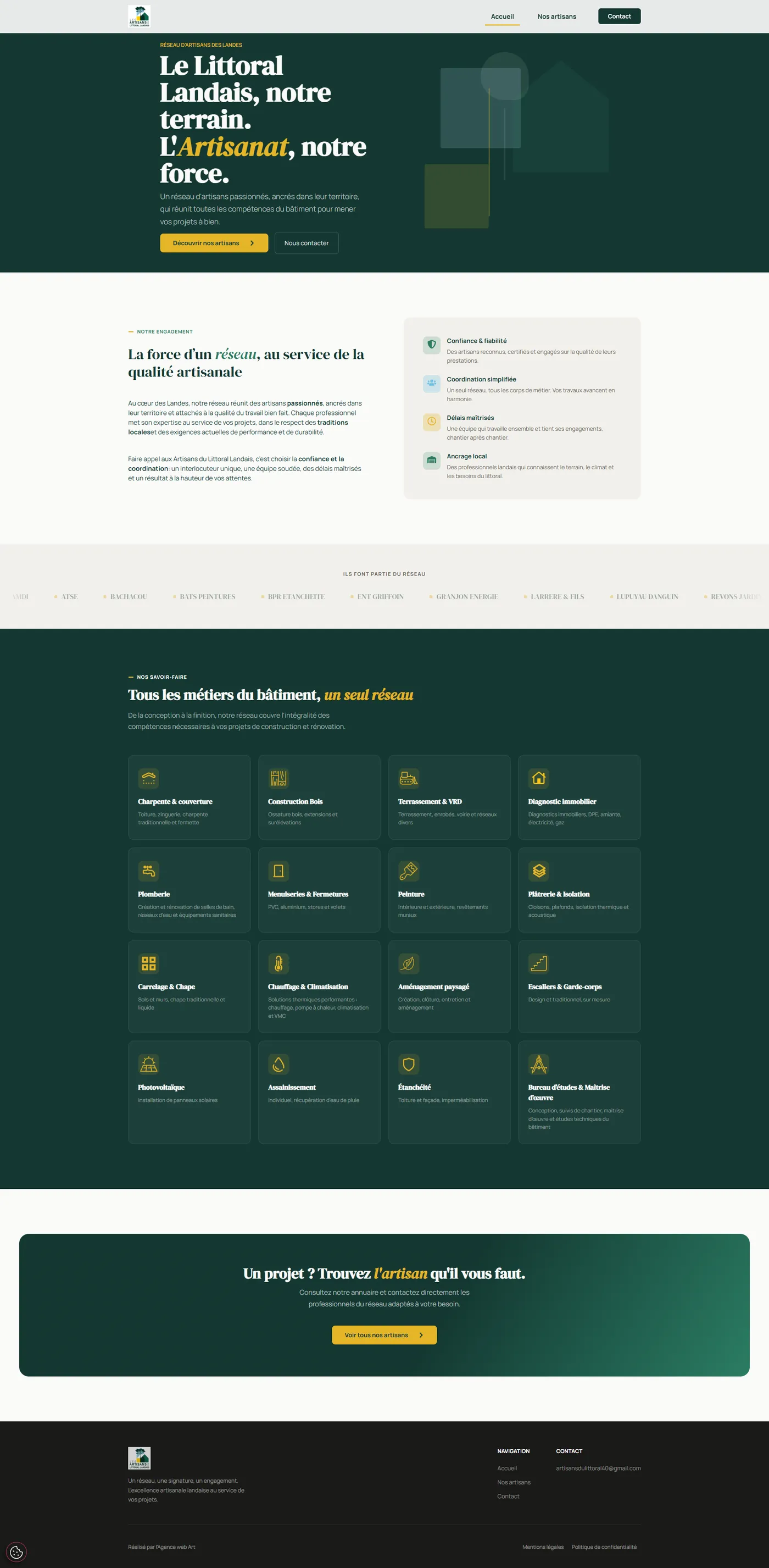 Page d'accueil complète du site Les Artisans du littoral landais