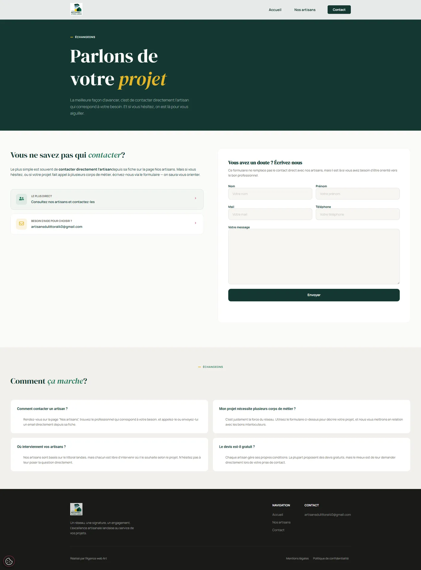 Page de contact du réseau d'artisans