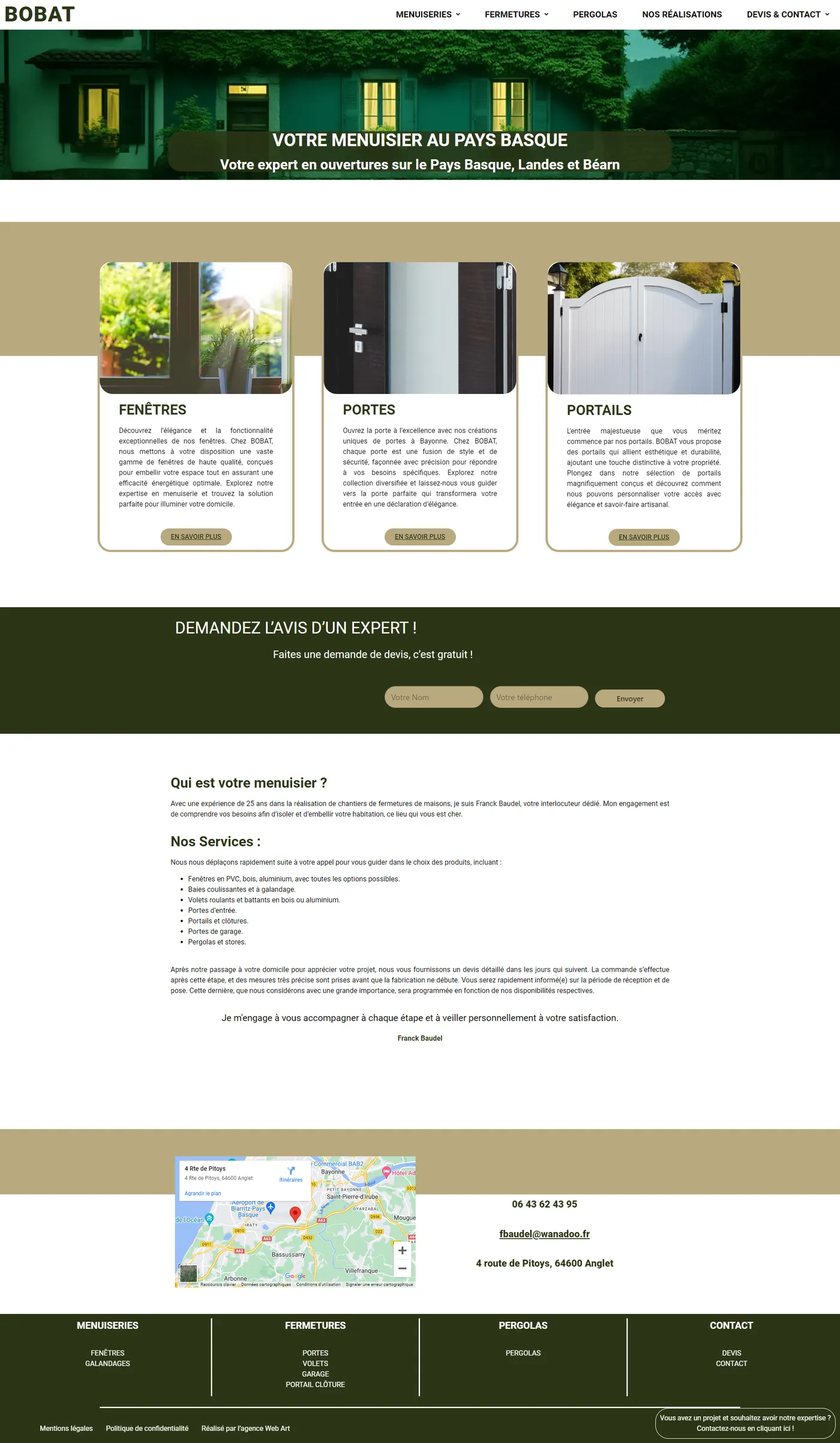 Page d'accueil complète du site de menuiserie
