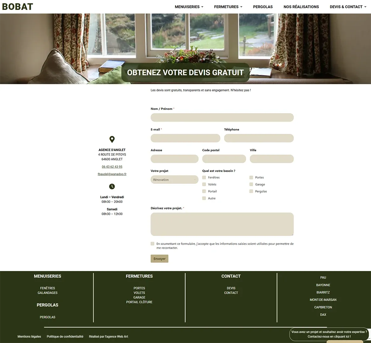 Page de contact du site de menuiserie
