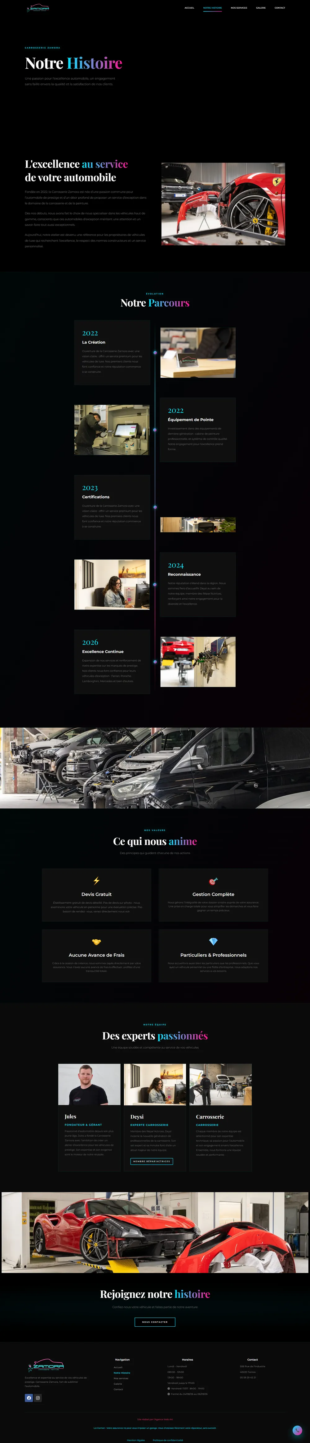 Page présentant l'histoire de la carrosserie