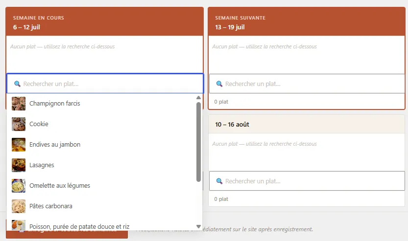 Association des recettes aux semaines dans l'interface d'administration