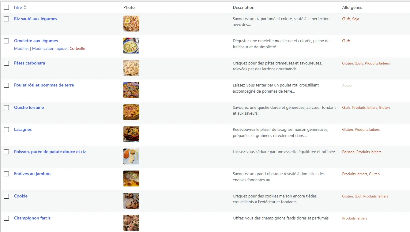 Interface de gestion des recettes côté cheffe