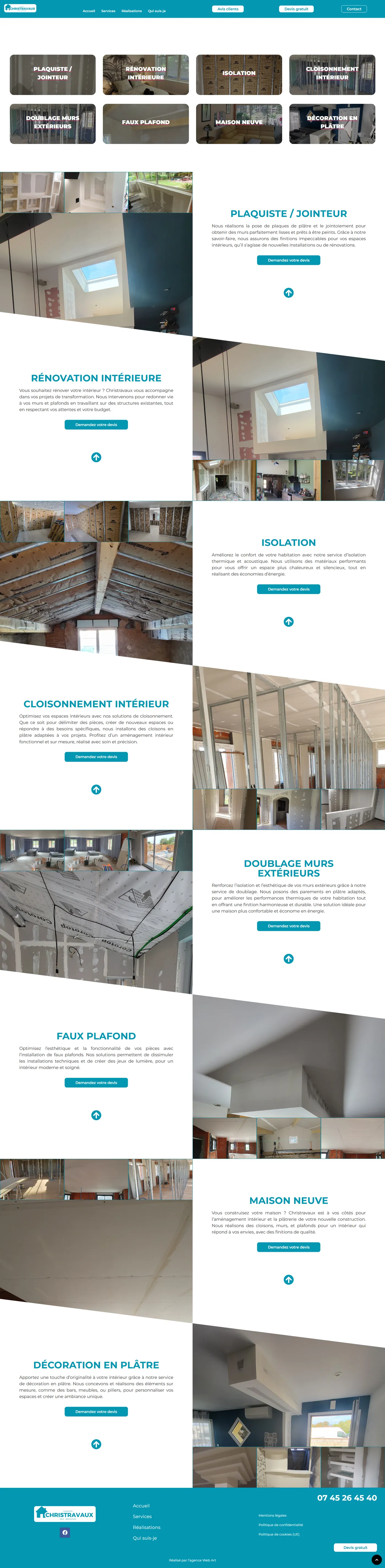Page des services de plâtrerie proposés par Christravaux