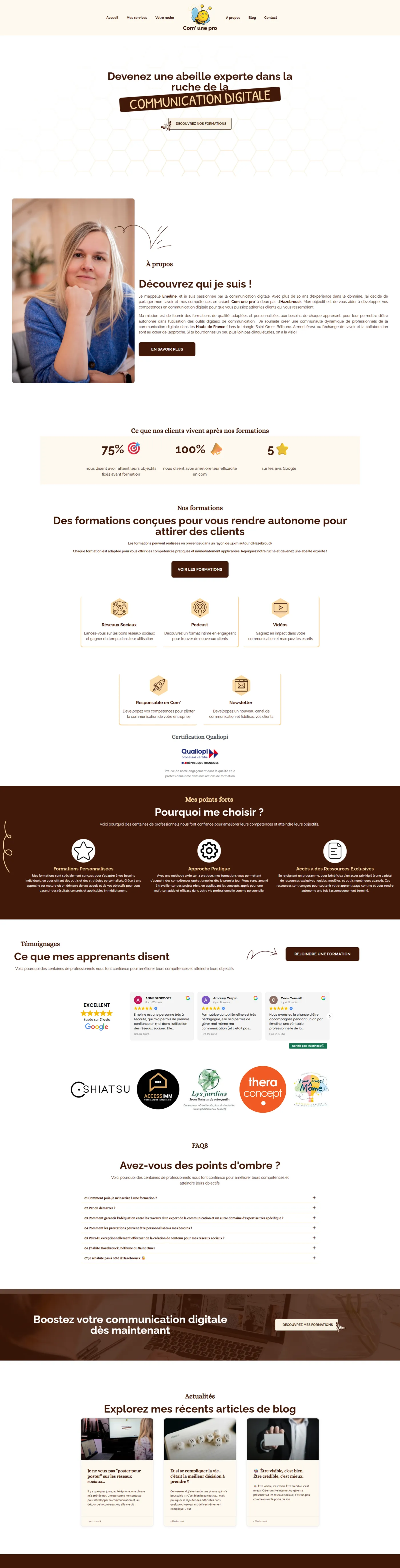 Page d'accueil complète du site Com'une pro
