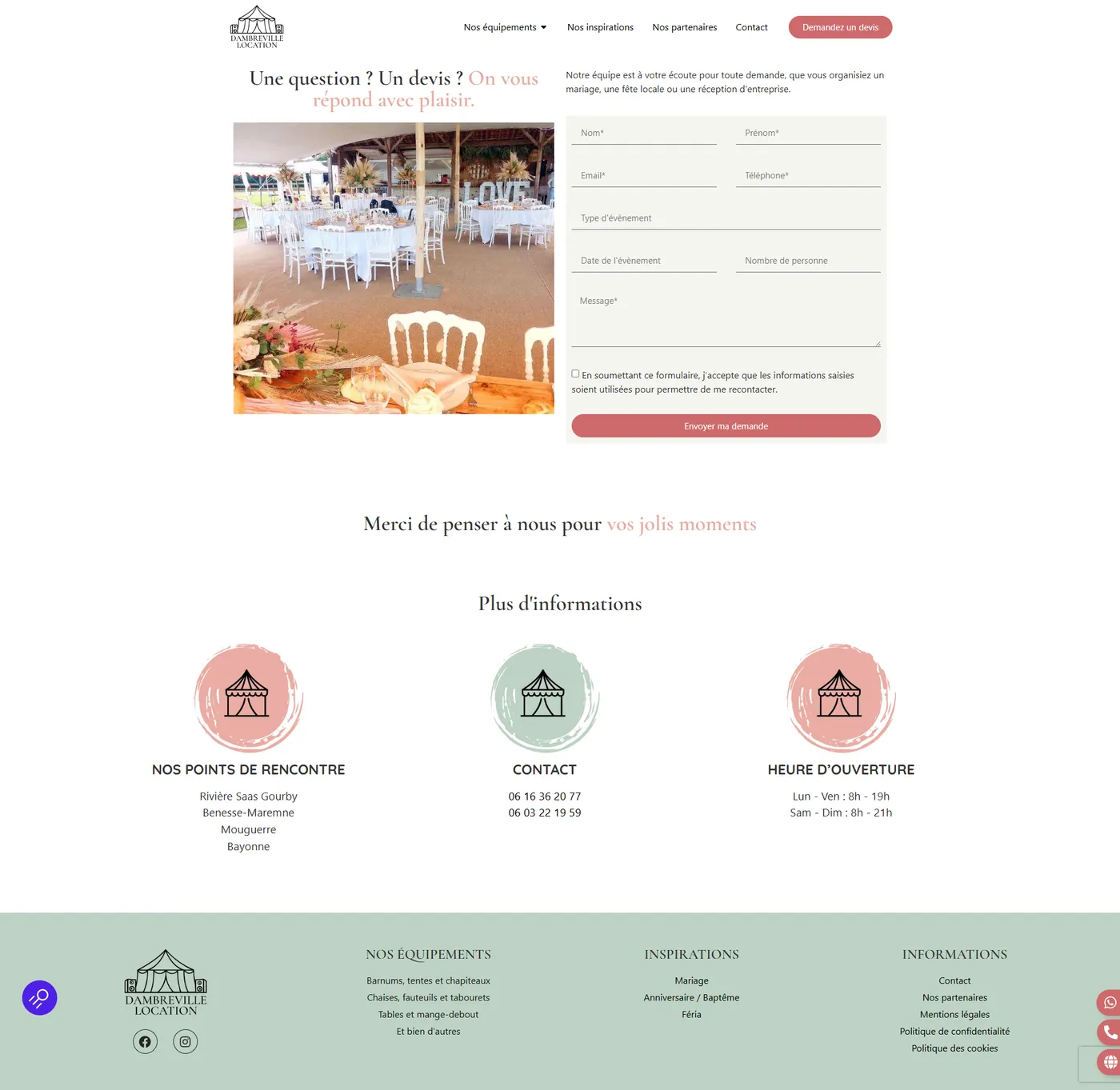 Page de contact et demande de devis