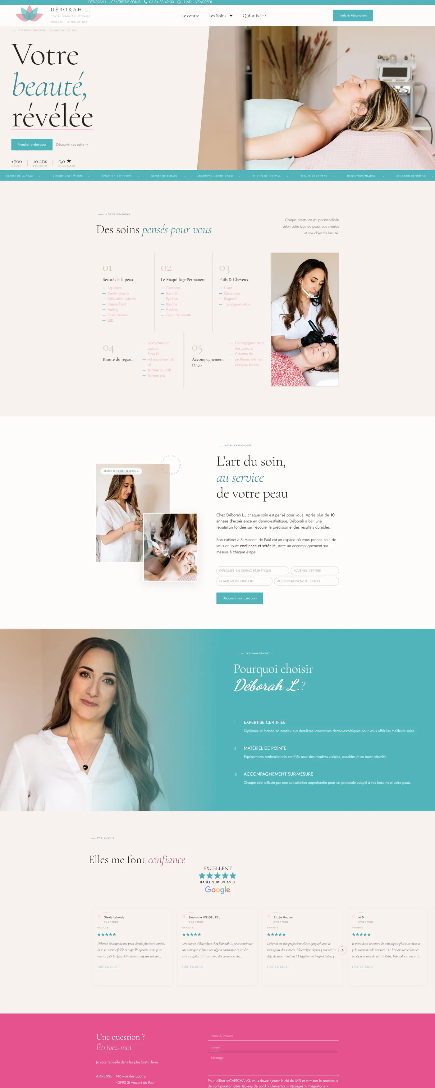 Nouvelle page d'accueil du site Deborah L Dermo après refonte