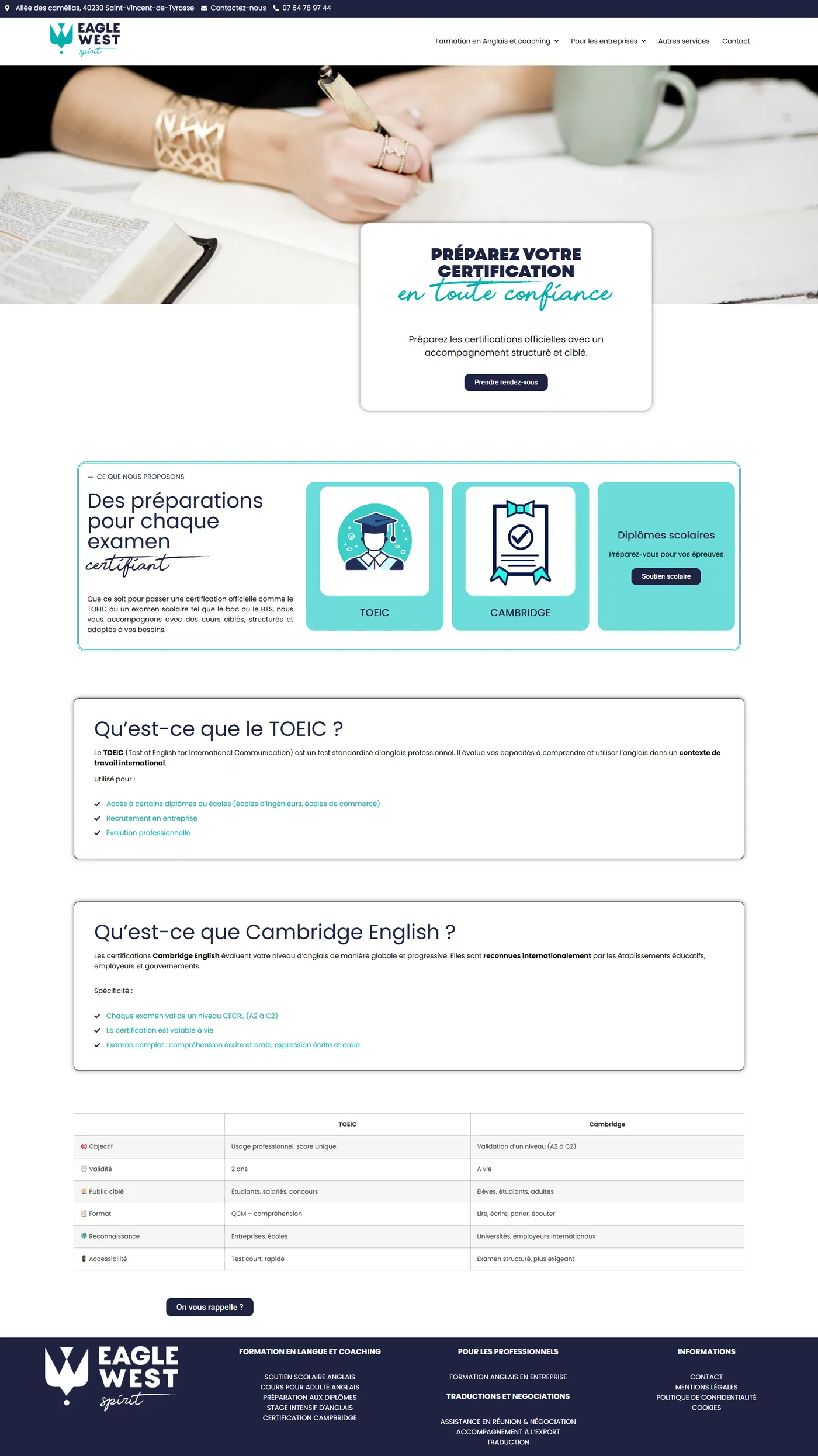 Page des certifications TOEIC et Cambridge