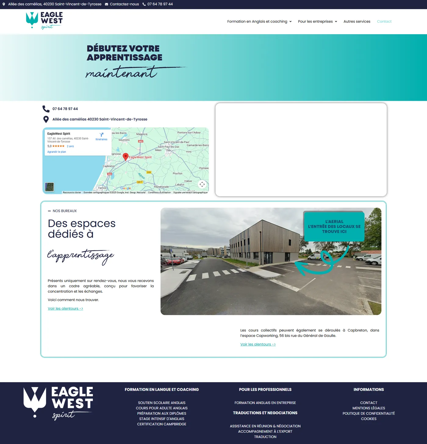 Page de contact du site Eagle West Spirit