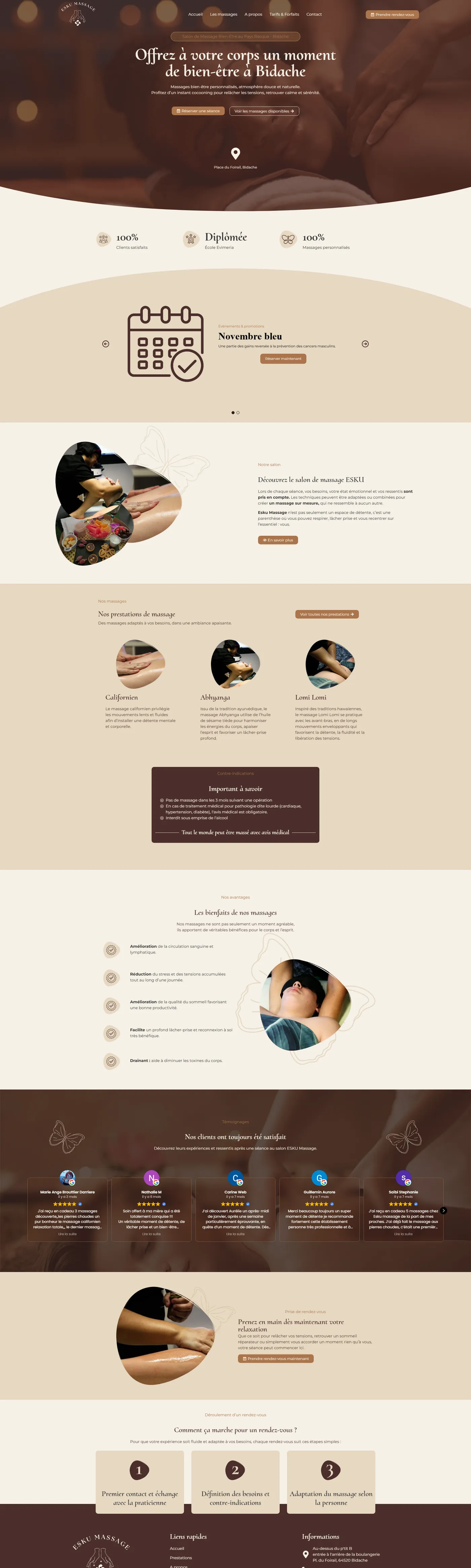 Vue complète de la page d'accueil du site ESKU Massage