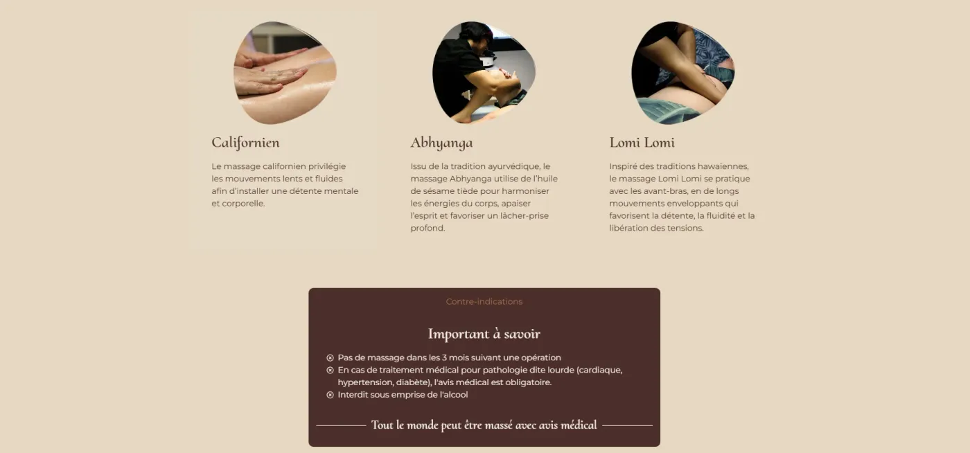 Section bien-être du site de massage