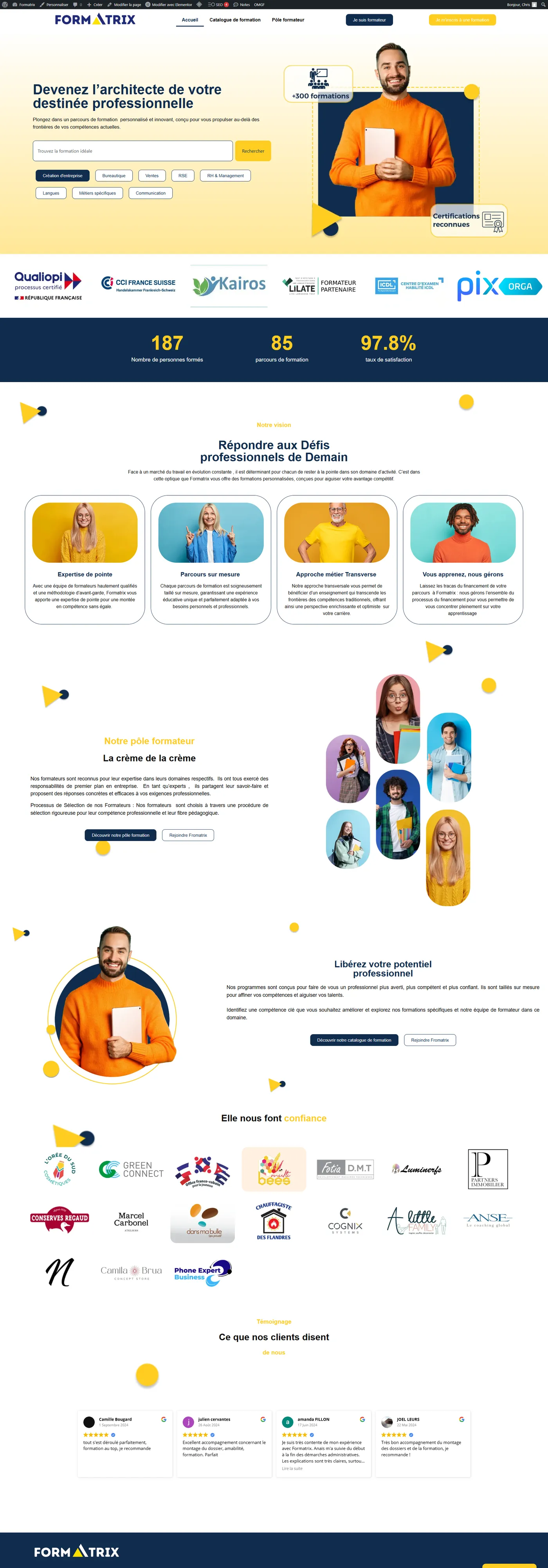 Page d'accueil complète du site Formatrix