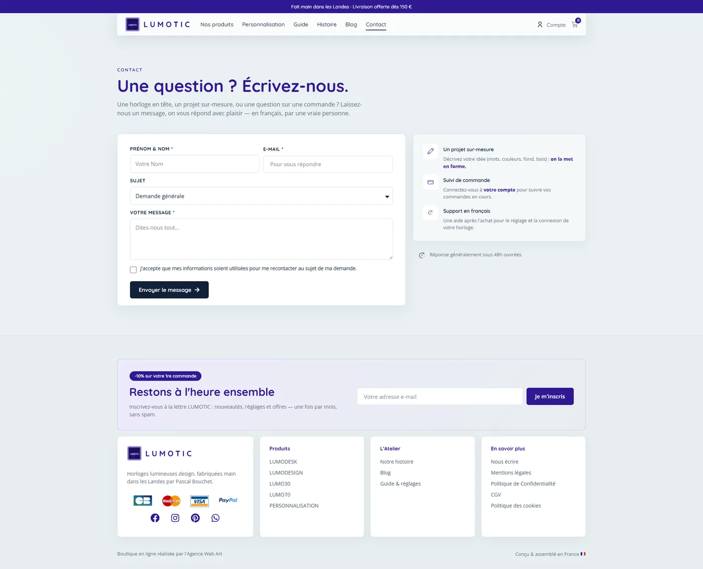 Page de contact du site Lumotic
