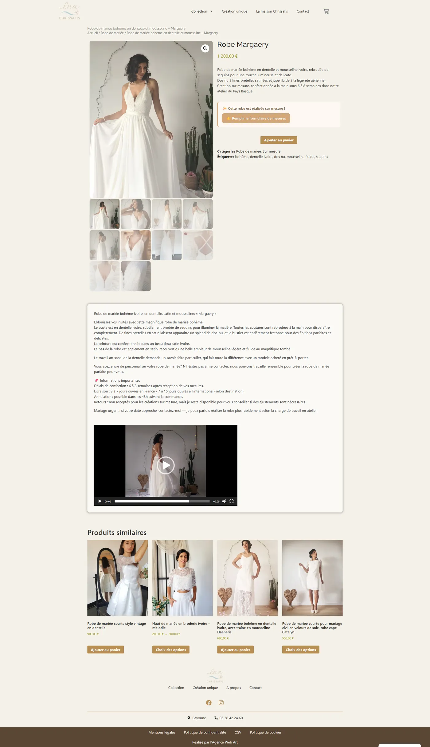 Fiche produit d'une robe de mariée bohème en dentelle et mousseline