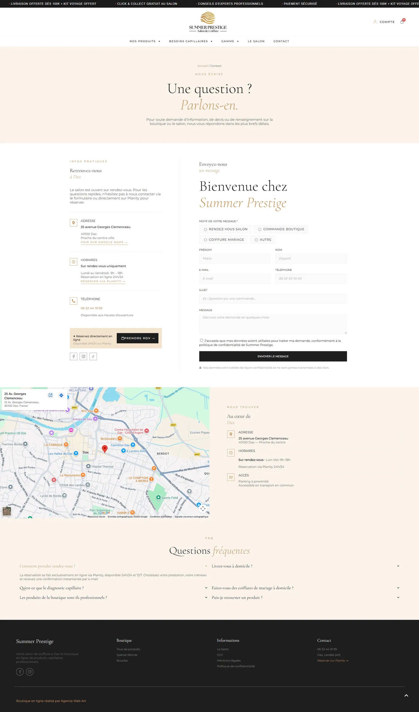 Page de contact de la boutique Summer Prestige